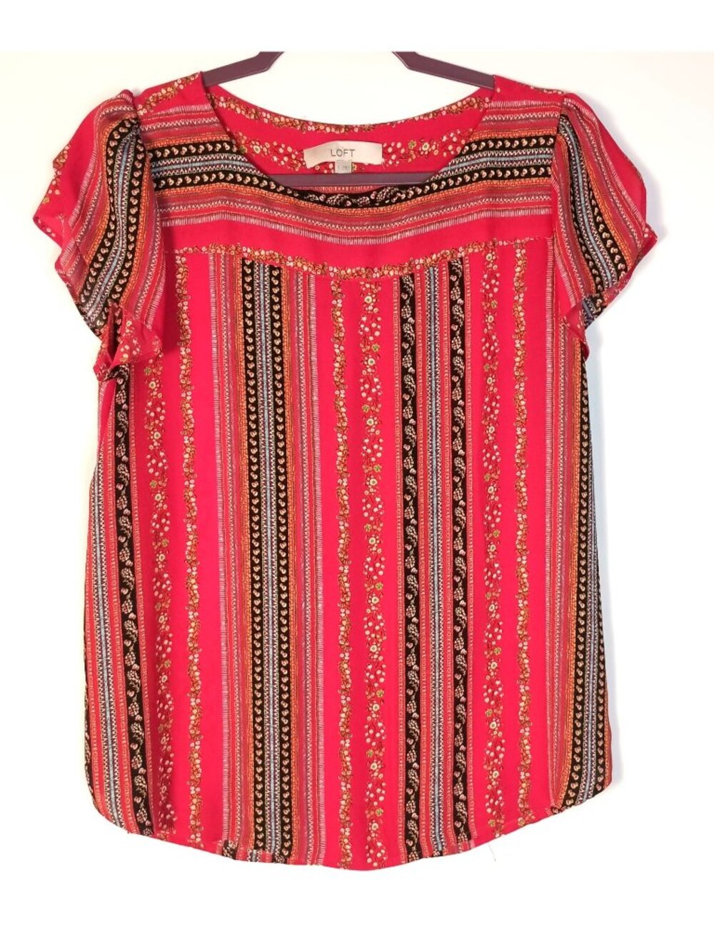 Ann Taylor LOFT Blouse Womens S Red Floral Stripe Petal Sleeve Relaxed Fit